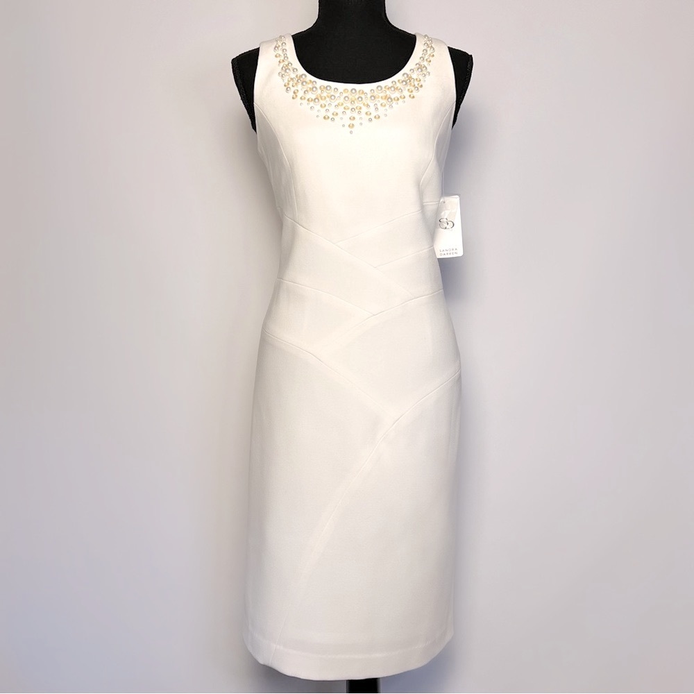 Ivory Sleeveless Midi Dress Pearls Neckline Sandra Darren Size 8